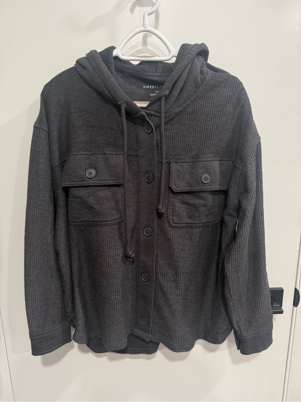 American Eagle Outfitters Gray Waffle Knit Button-Up Hoodie Pockets mens L